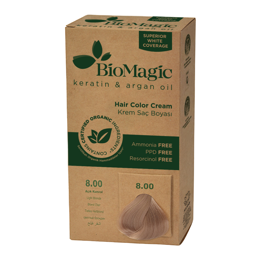 Biomagic permanente Haarfarbe 8.00 mit Keratin und Arganöl, 250 ml Tester