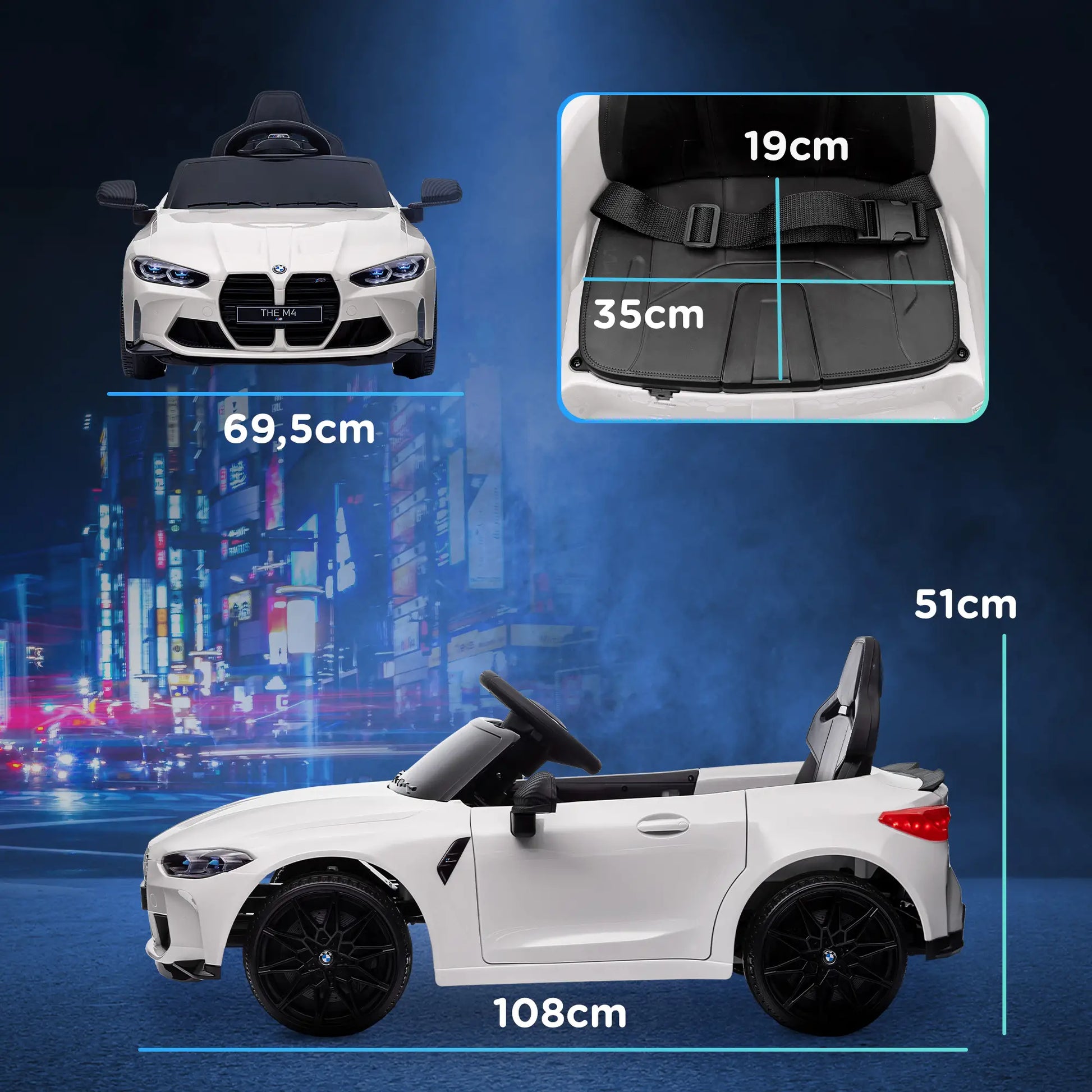 Weißes BMW M4 Elektro Kinderauto mit Fernsteuerung, LED-Lichtern und Sicherheitsgurt.