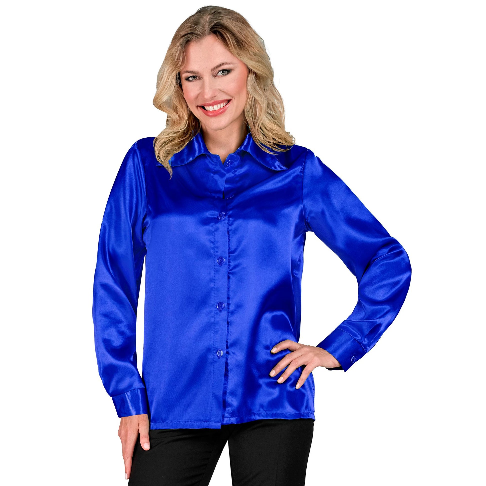 "BLAUE 70s DISCO BLUSE" aus Satin – Vorderansicht