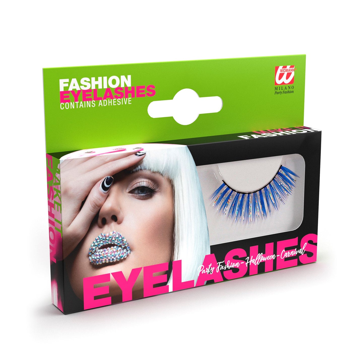 "BLAUE HOLOGRAPHISCHE FASHION WIMPERN" mit Klebstofftube – Vorderansicht