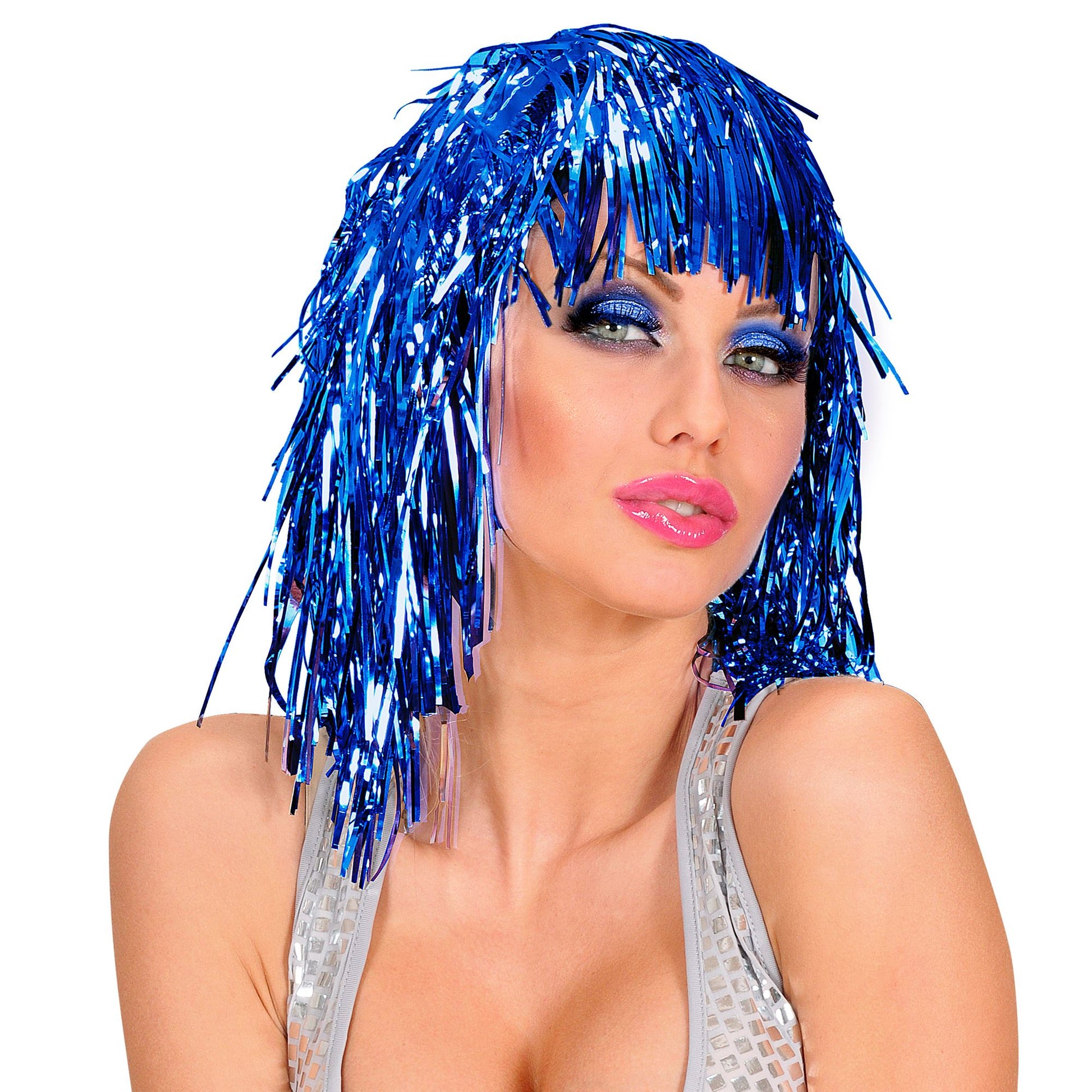 "BLAUE LAMÉ PERÜCKE" in Polybag – Vorderansicht