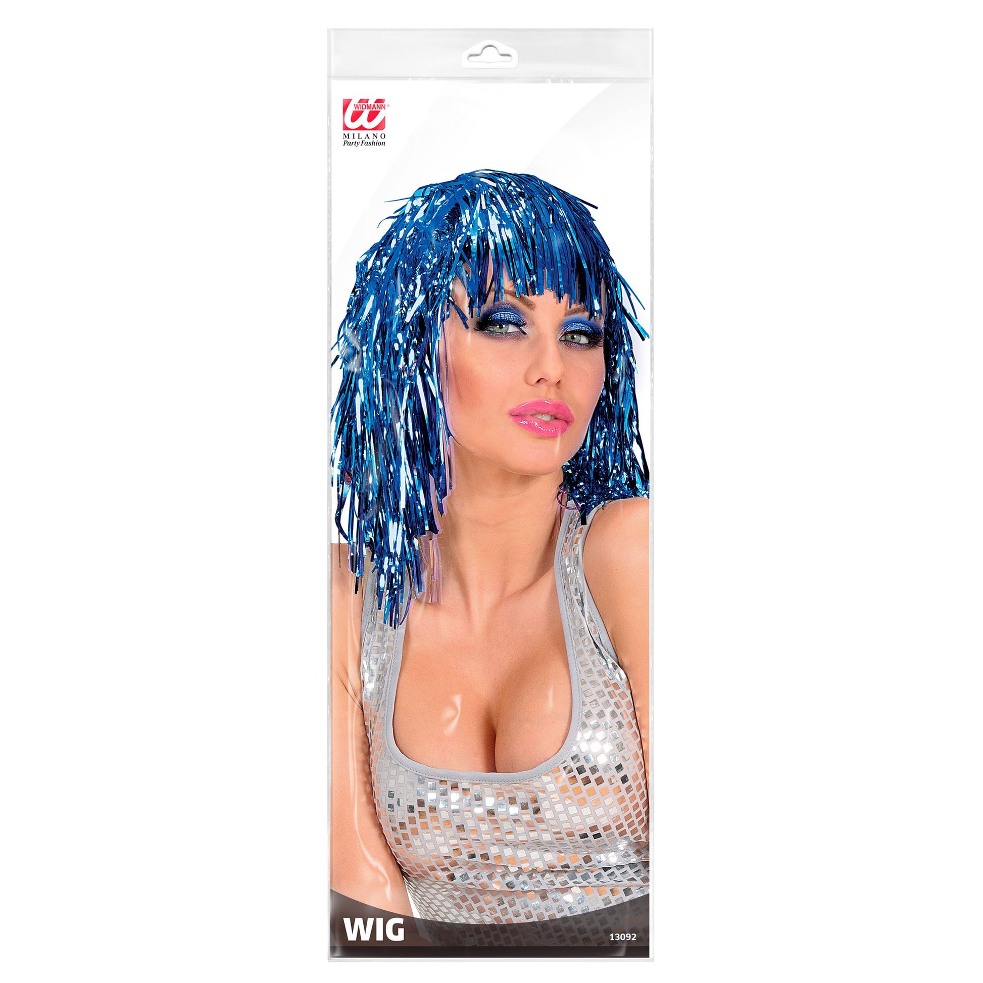 "BLAUE LAMÉ PERÜCKE" in Polybag – Detailansicht