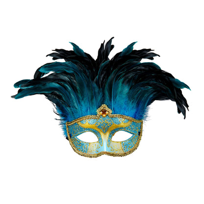 "BLAUE MASKE CONTESSA, DEKORIERT, EDELSTEIN UND FEDERN" – Vorderansicht