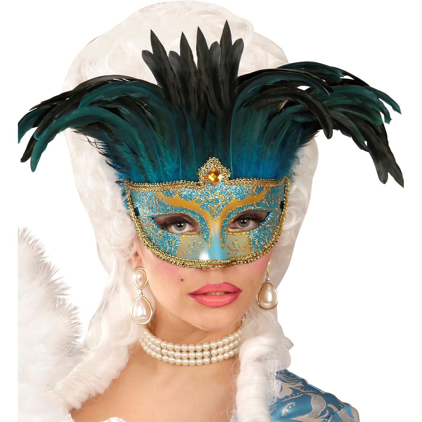 "BLAUE MASKE CONTESSA, DEKORIERT, EDELSTEIN UND FEDERN" – Ansicht 3