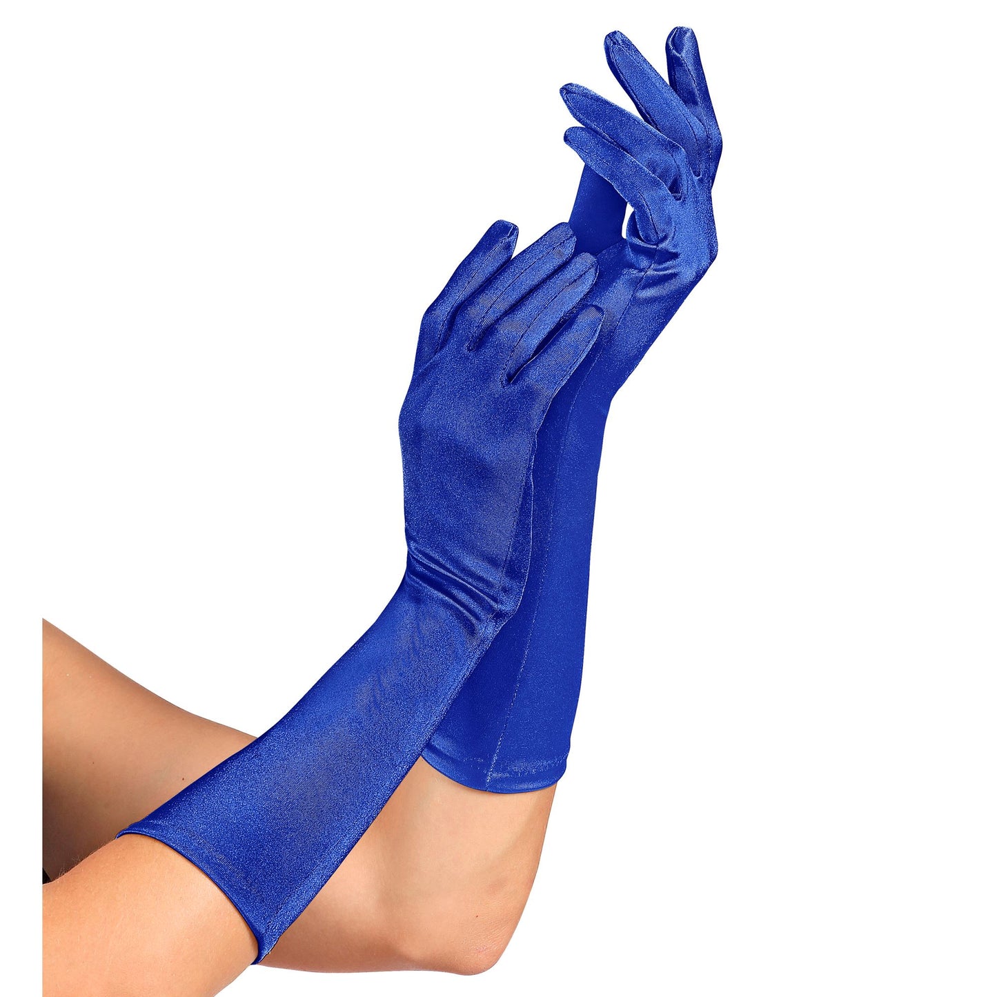 "BLAUE SATIN HANDSCHUHE IN ELASTHAN" 40 cm – Vorderansicht