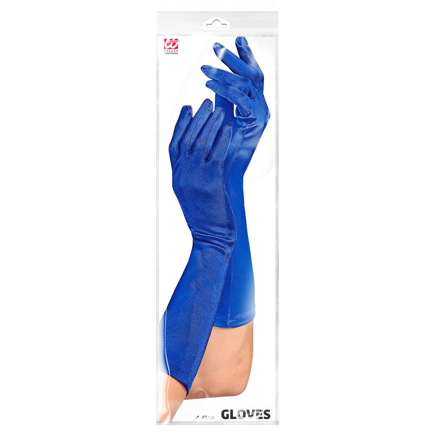 "BLAUE SATIN HANDSCHUHE IN ELASTHAN" 40 cm – Detailansicht