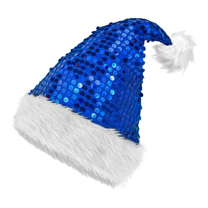 "BLAUE WEIHNACHTSMANNMÜTZE MIT PLÜSCH & PAILLETTEN" – Vorderansicht