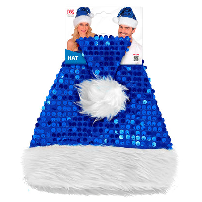 "BLAUE WEIHNACHTSMANNMÜTZE MIT PLÜSCH & PAILLETTEN" – Detailansicht