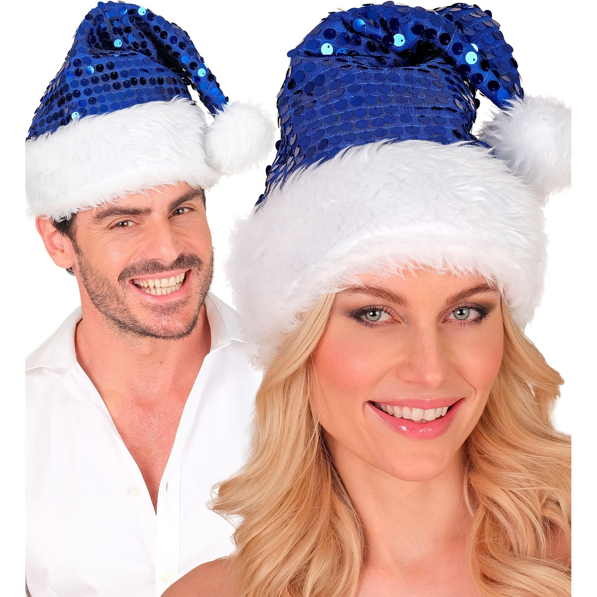 "BLAUE WEIHNACHTSMANNMÜTZE MIT PLÜSCH & PAILLETTEN" – Ansicht 3