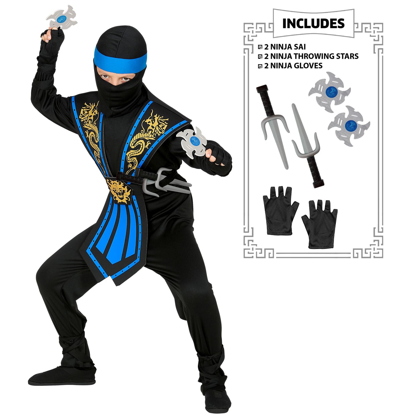 "BLAUER KOMBAT NINJA MIT WAFFENSET" (Overall, Brustrüstung, Gürtel, Arm- und Beinschnüre, Maske, Stirnband, Handschuhe, 2 Ninjadolche, 2 Ninjasterne) – Vorderansicht