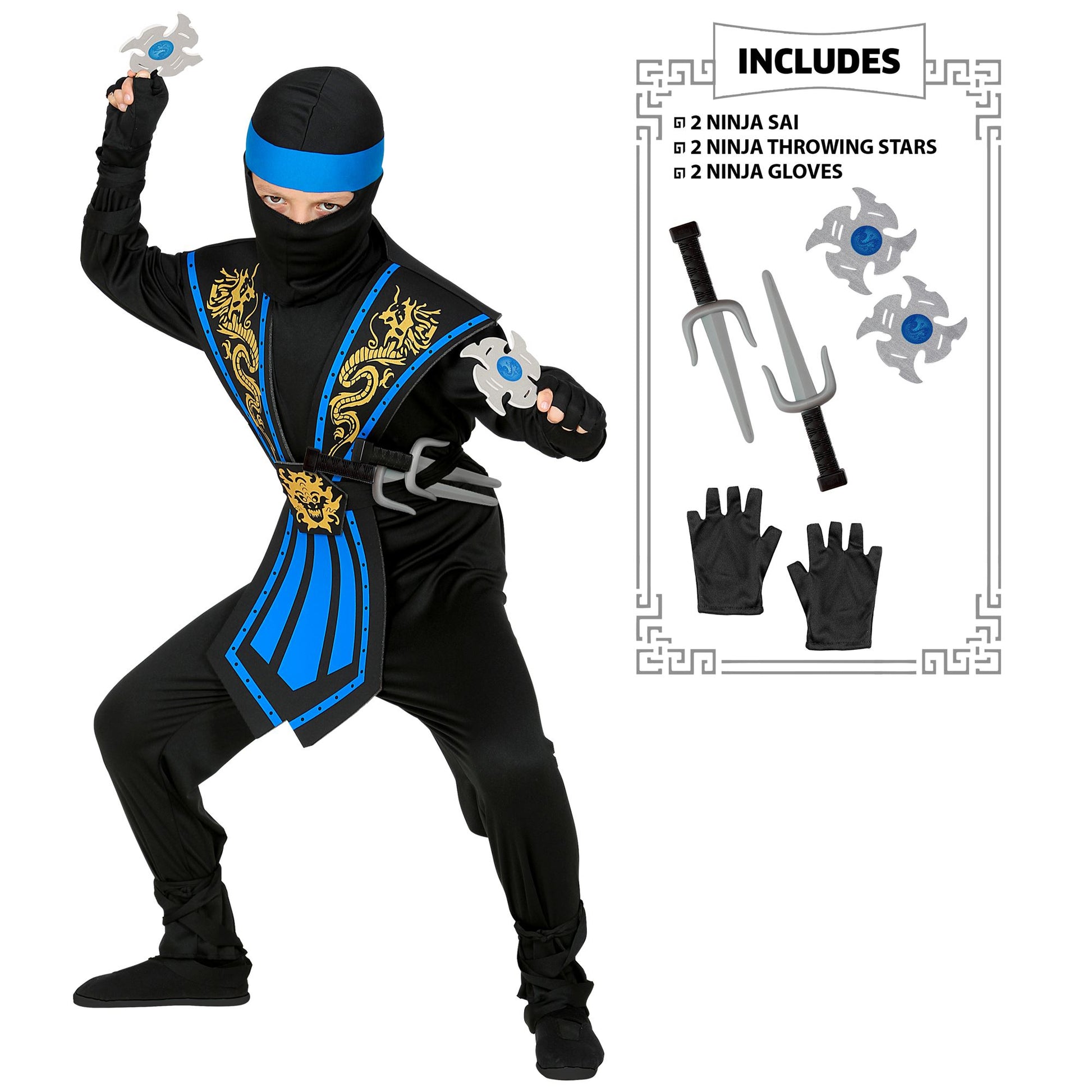 "BLAUER KOMBAT NINJA MIT WAFFENSET" (Overall, Brustrüstung, Gürtel, Arm- und Beinschnüre, Maske, Stirnband, Handschuhe, 2 Ninjadolche, 2 Ninjasterne) – Vorderansicht