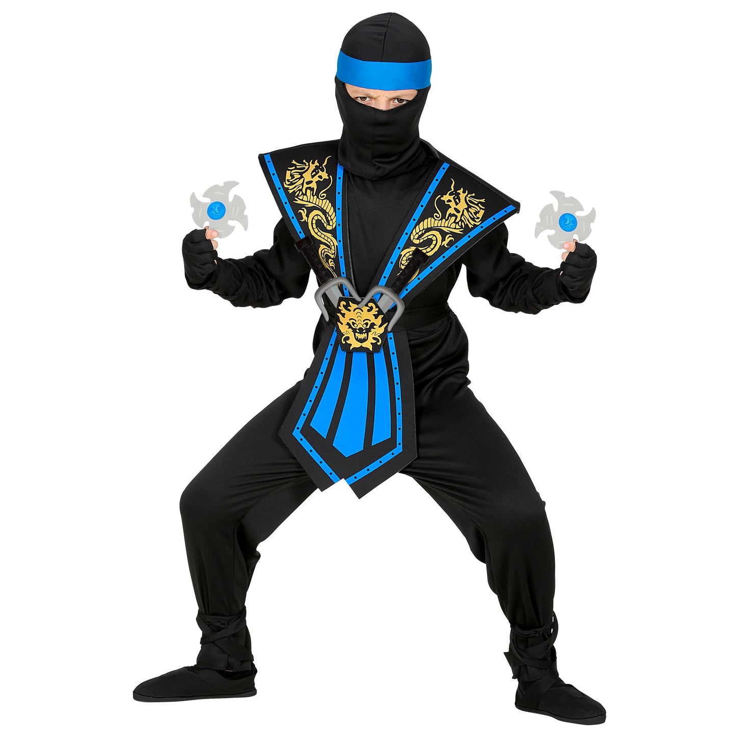 "BLAUER KOMBAT NINJA MIT WAFFENSET" (Overall, Brustrüstung, Gürtel, Arm- und Beinschnüre, Maske, Stirnband, Handschuhe, 2 Ninjadolche, 2 Ninjasterne) – Detailansicht