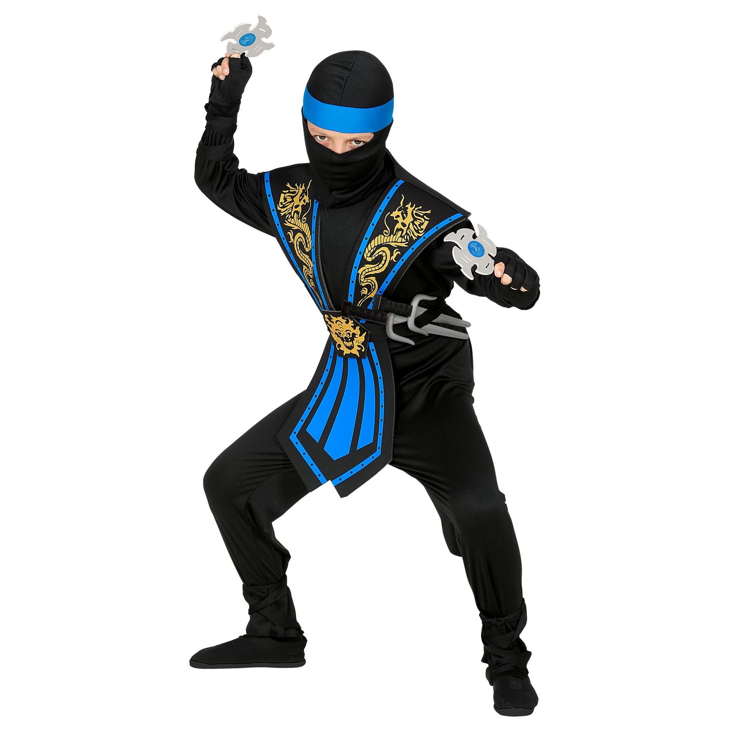 "BLAUER KOMBAT NINJA MIT WAFFENSET" (Overall, Brustrüstung, Gürtel, Arm- und Beinschnüre, Maske, Stirnband, Handschuhe, 2 Ninjadolche, 2 Ninjasterne) – Ansicht 3