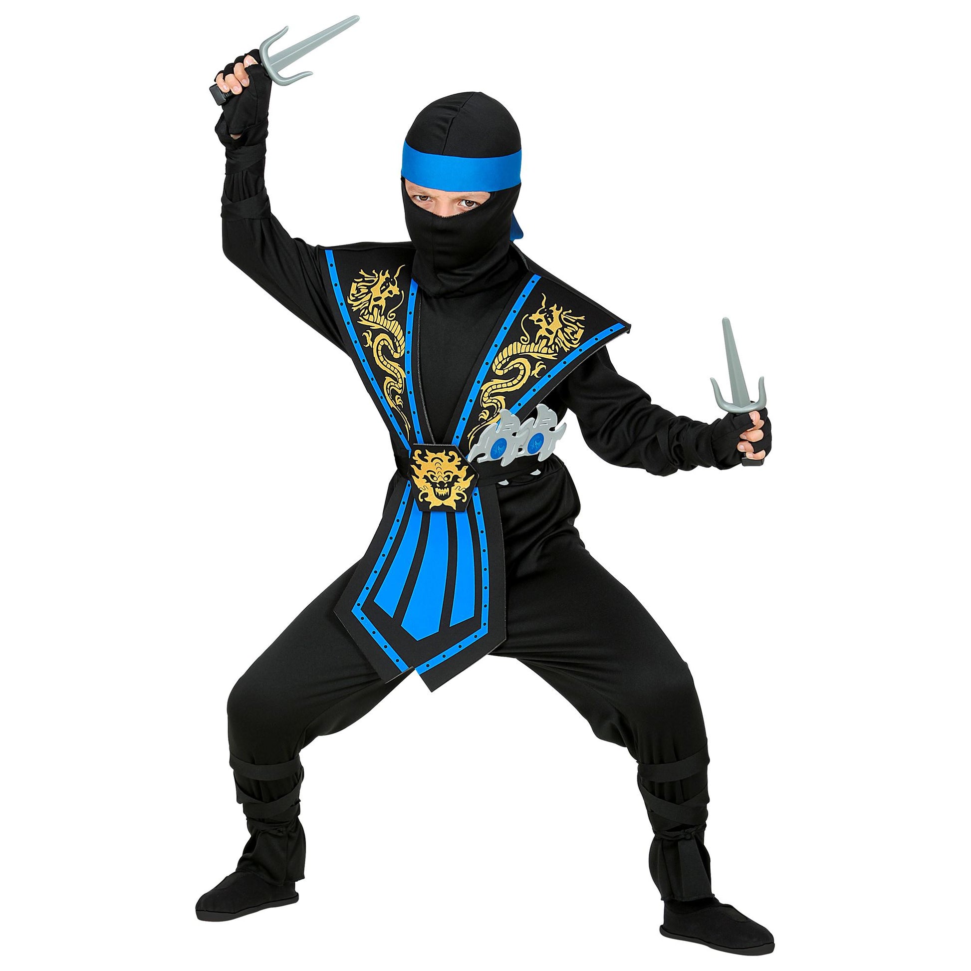 "BLAUER KOMBAT NINJA MIT WAFFENSET" (Overall, Brustrüstung, Gürtel, Arm- und Beinschnüre, Maske, Stirnband, Handschuhe, 2 Ninjadolche, 2 Ninjasterne) – Ansicht 4