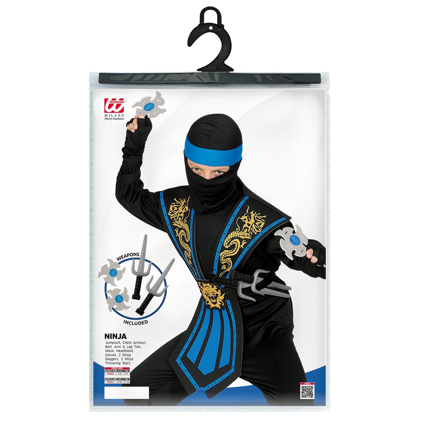 "BLAUER KOMBAT NINJA MIT WAFFENSET" (Overall, Brustrüstung, Gürtel, Arm- und Beinschnüre, Maske, Stirnband, Handschuhe, 2 Ninjadolche, 2 Ninjasterne) – Ansicht 5