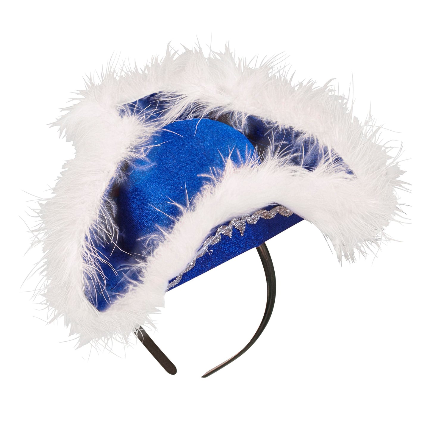 "BLAUER MINI DREISPITZ MIT MARABOU" aus Filz – Vorderansicht