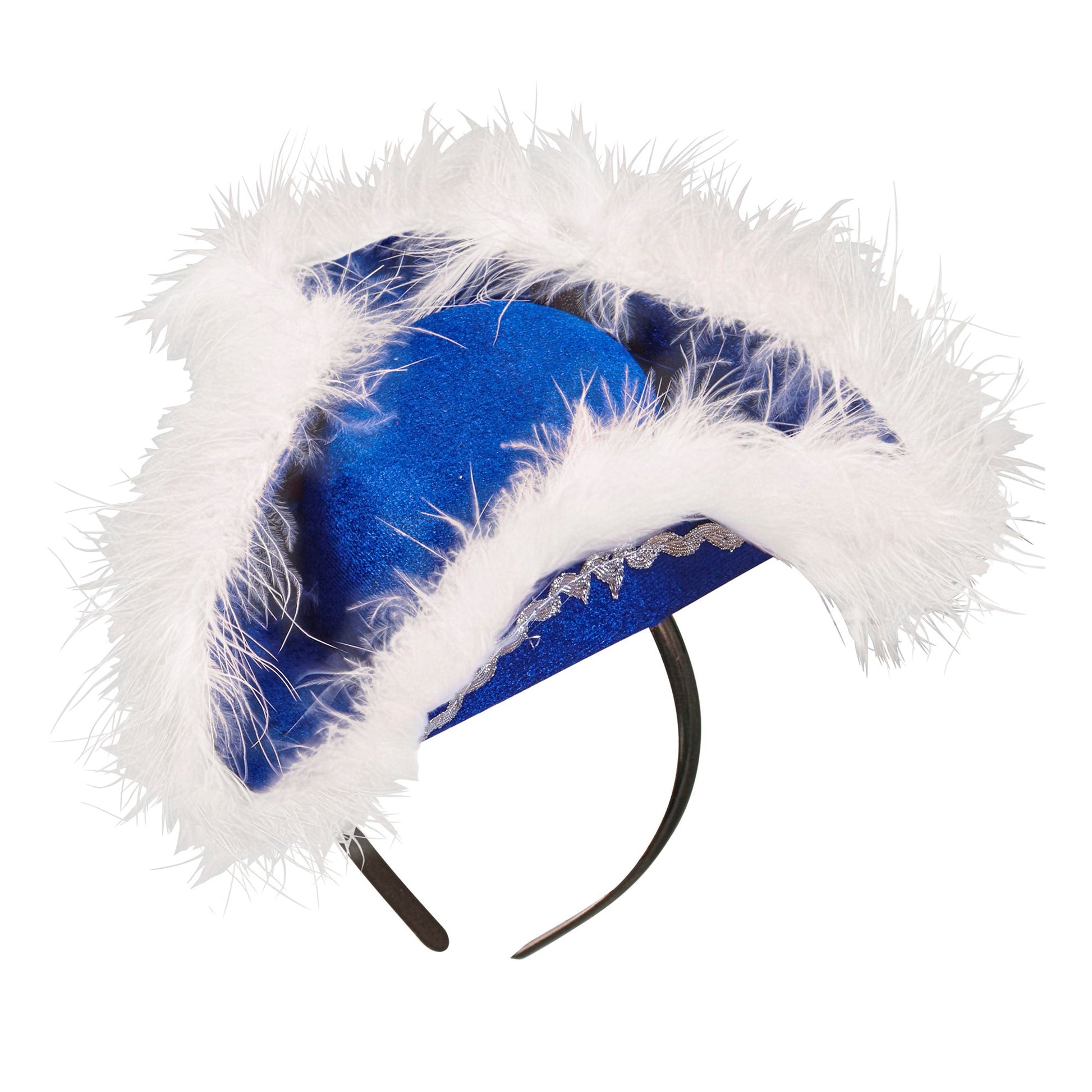 "BLAUER MINI DREISPITZ MIT MARABOU" aus Filz – Vorderansicht
