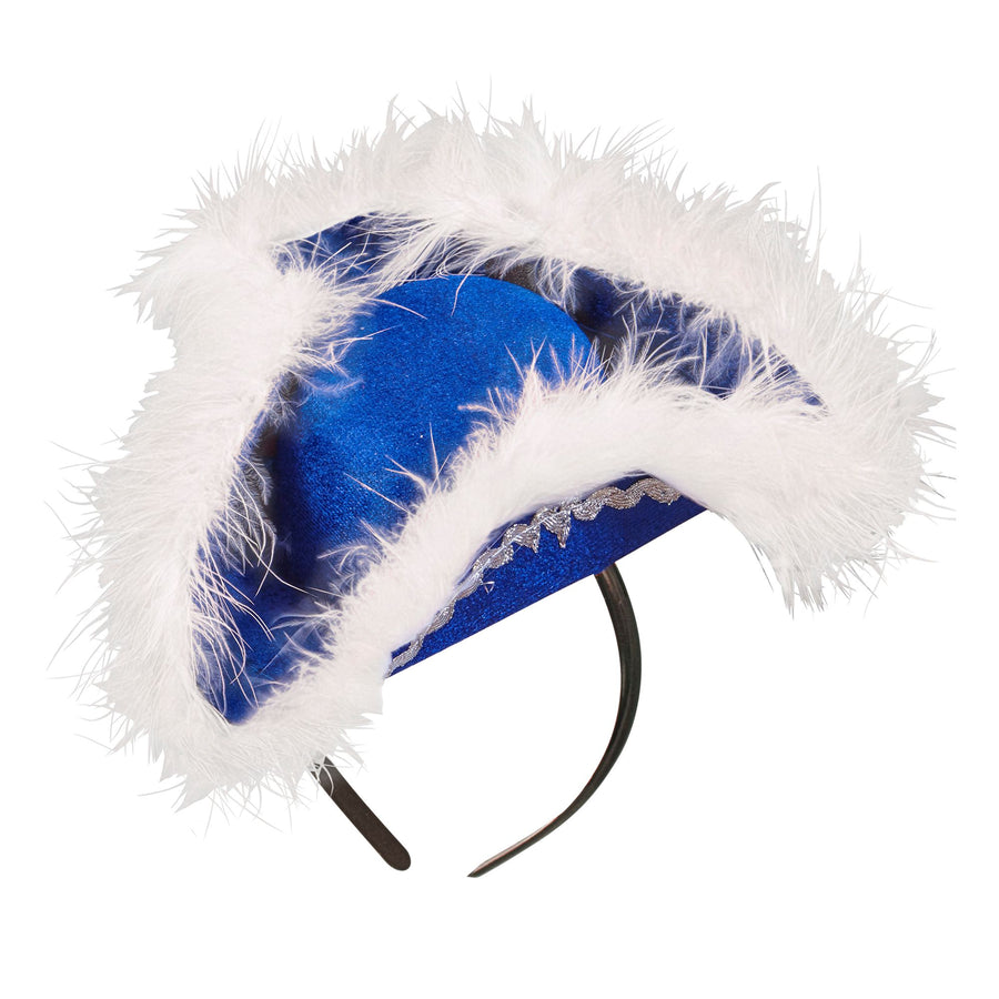 "BLAUER MINI DREISPITZ MIT MARABOU" aus Filz – Vorderansicht