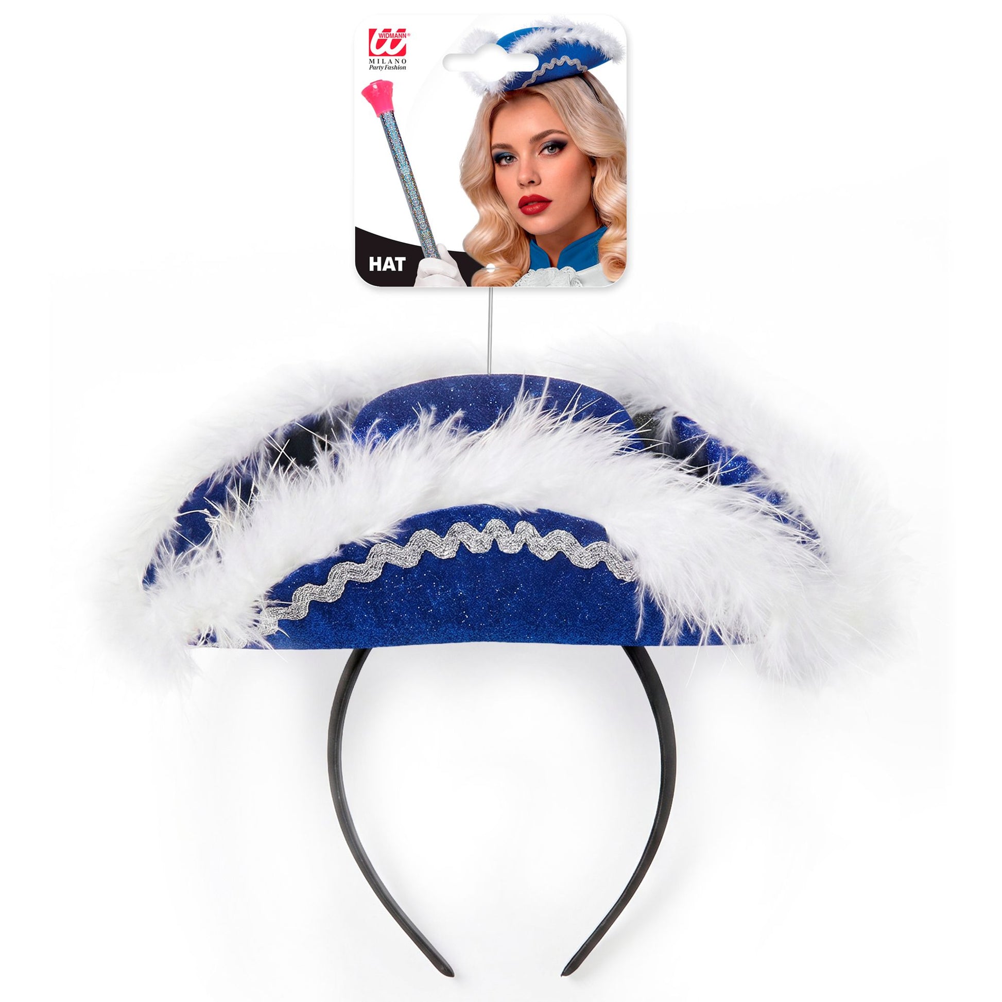 "BLAUER MINI DREISPITZ MIT MARABOU" aus Filz – Detailansicht
