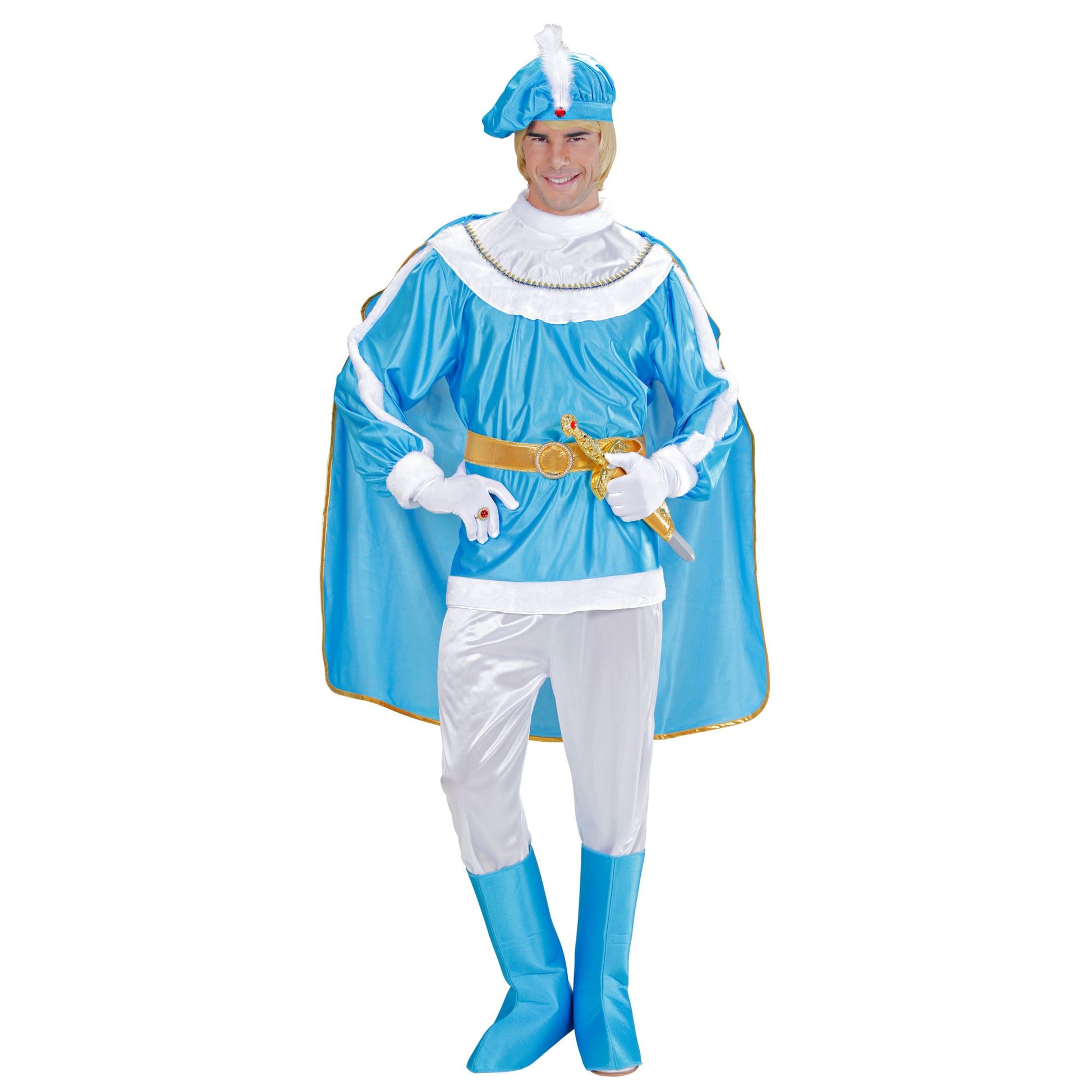 "BLAUER PRINZ" (Kasack, Hose, Gürtel mit Dolchhalfter, Stiefelüberzieher, Umhang, Hut mit Edelstein und Feder) – Vorderansicht