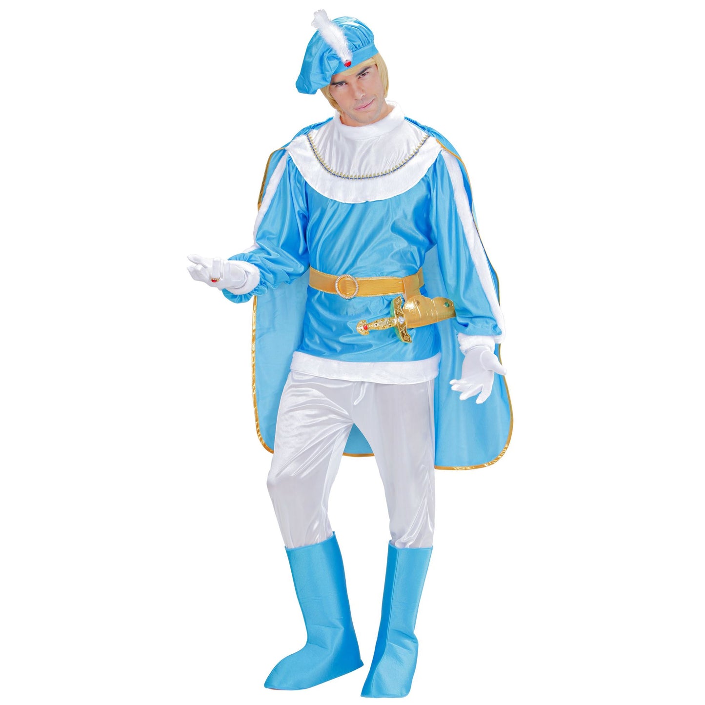 "BLAUER PRINZ" (Kasack, Hose, Gürtel mit Dolchhalfter, Stiefelüberzieher, Umhang, Hut mit Edelstein und Feder) – Detailansicht