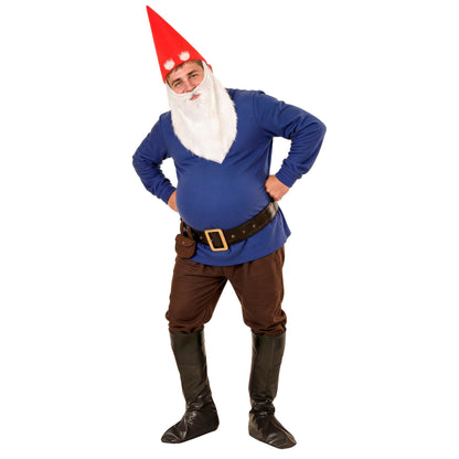 "BLAUER ZWERG" (Jacke, Hose, Gürtel mit Tasche, Schuhüberzieher, Hut, Augenbrauen und Bart) – Vorderansicht