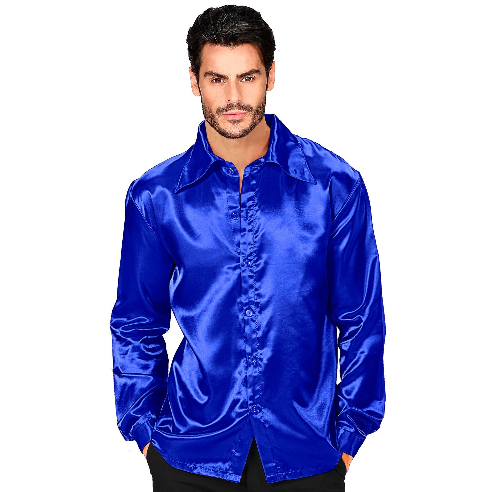 "BLAUES 70s DISCO HEMD" aus Satin – Vorderansicht