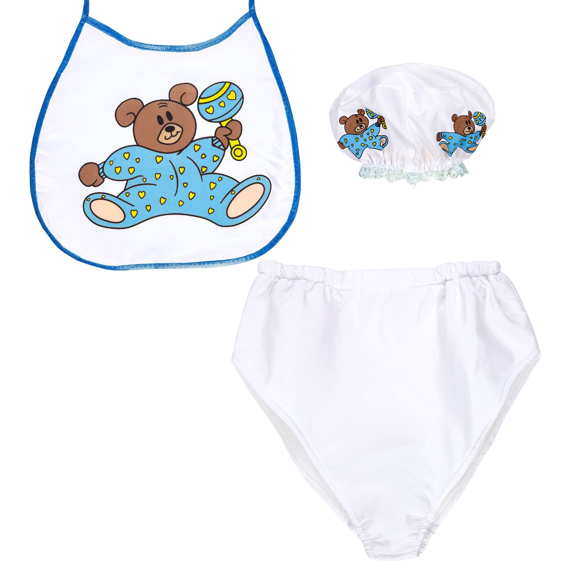 "BLAUES BABY" Verkleidungsset (Haube, Lätzchen, Riesenwindel) – Vorderansicht