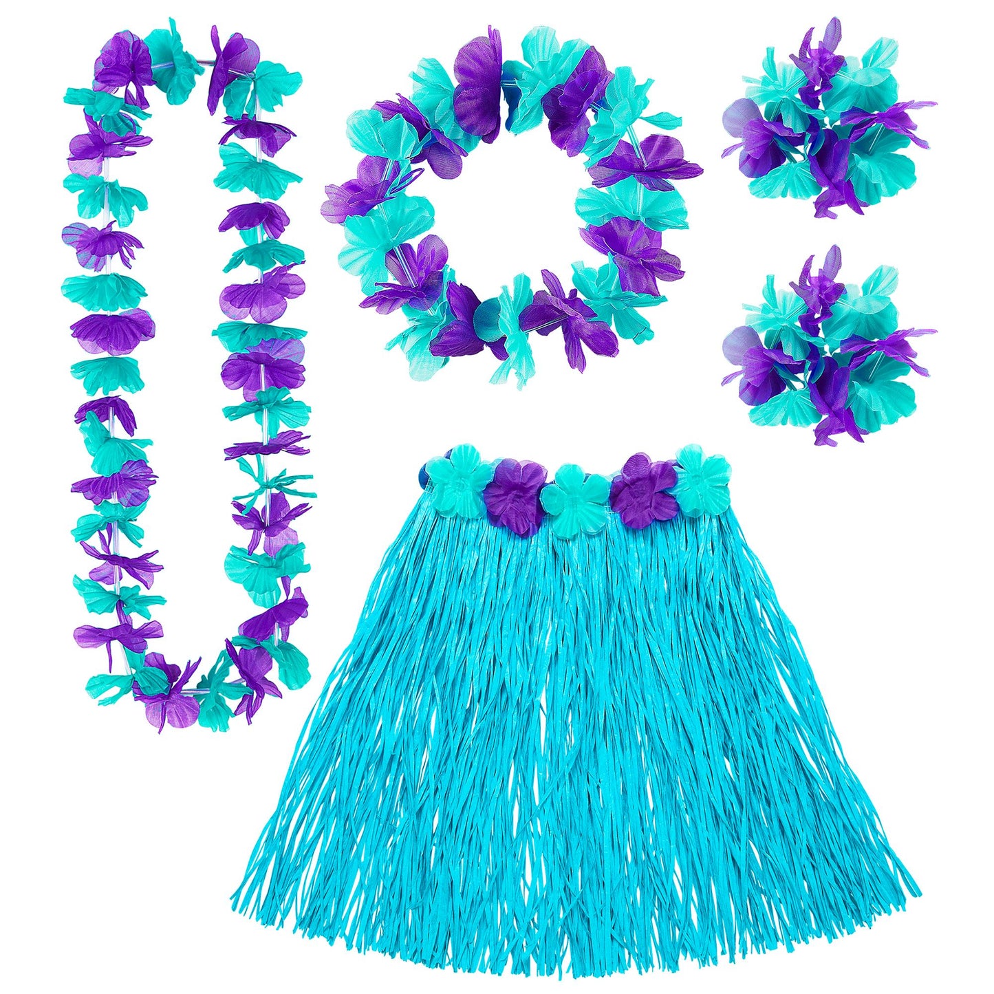 "BLAUES HAWAII-SET" (Bastrock mit Blumengürtel, Halskette, Stirnband, 2 Armbänder) – Vorderansicht