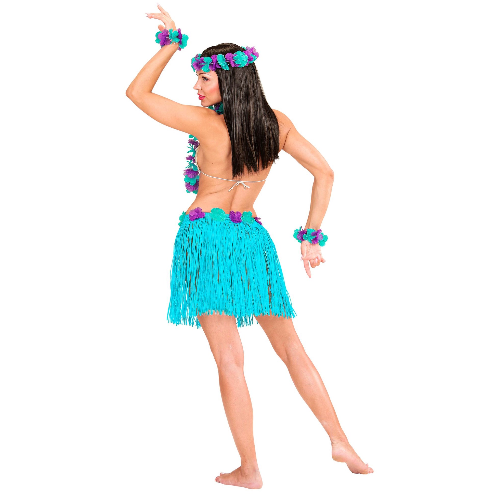 "BLAUES HAWAII-SET" (Bastrock mit Blumengürtel, Halskette, Stirnband, 2 Armbänder) – Ansicht 4