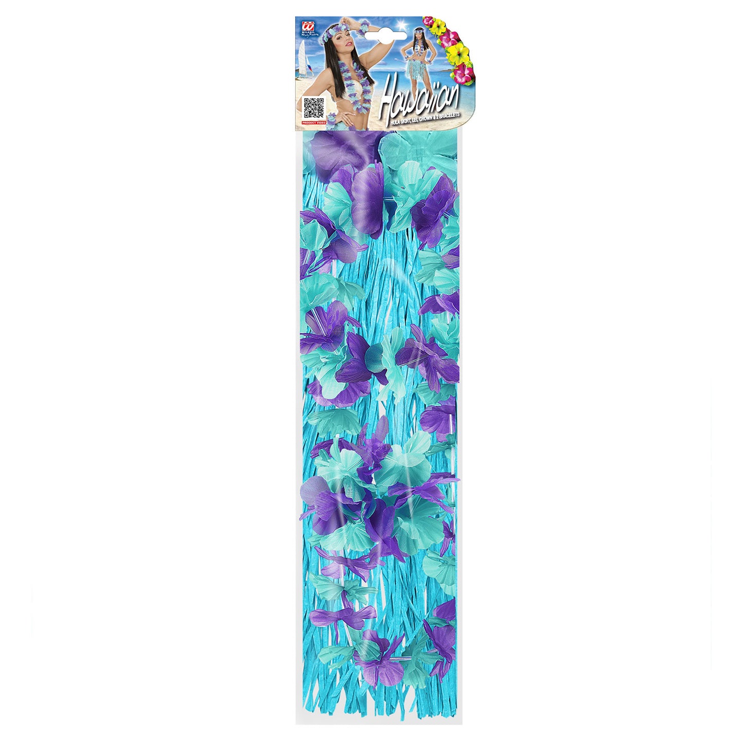 "BLAUES HAWAII-SET" (Bastrock mit Blumengürtel, Halskette, Stirnband, 2 Armbänder) – Ansicht 5