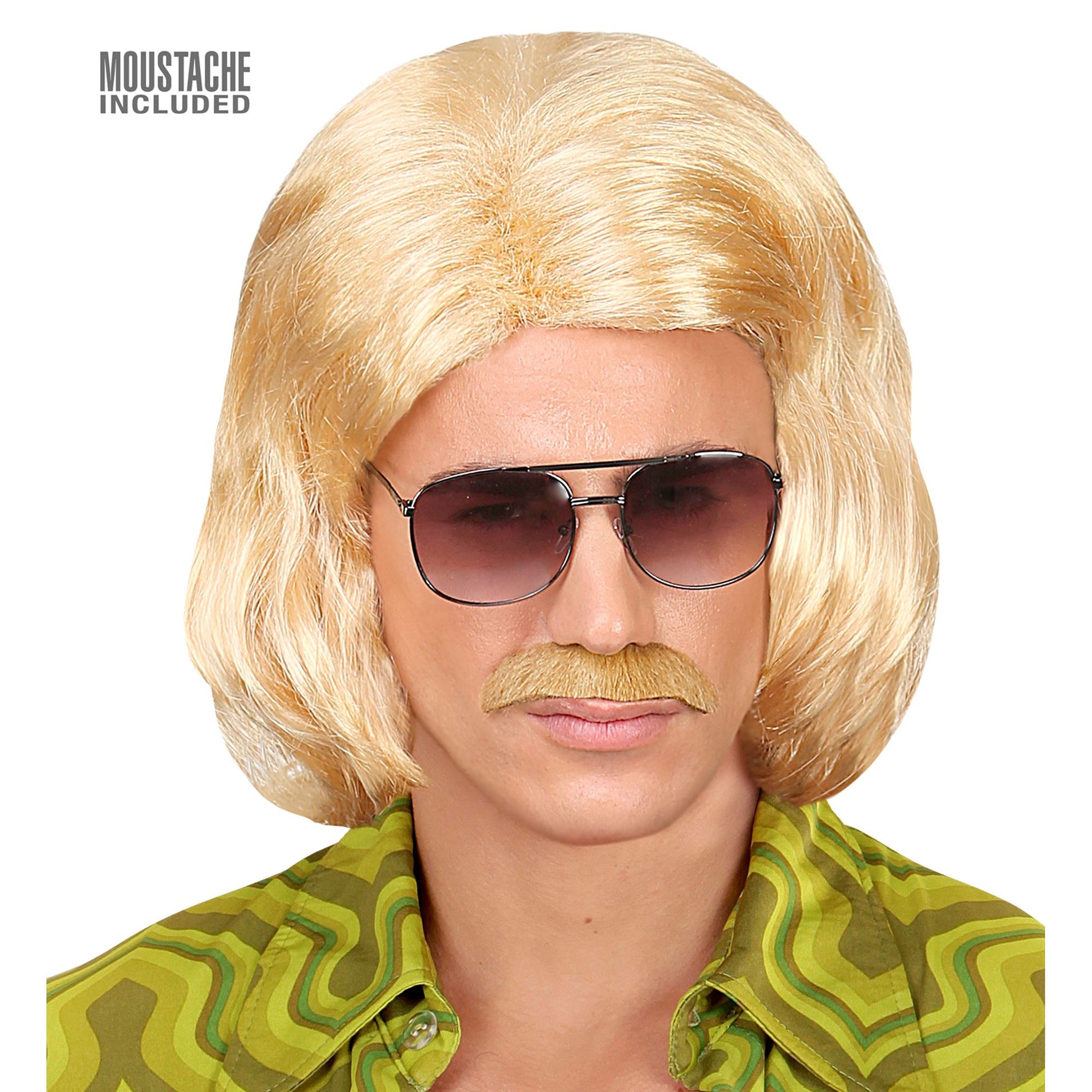 "BLONDE 70er JAHRE DANDY PERÜCKE MIT SCHNURRBART" in Box – Vorderansicht