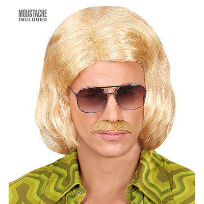 "BLONDE 70er JAHRE DANDY PERÜCKE MIT SCHNURRBART" in Box – Vorderansicht