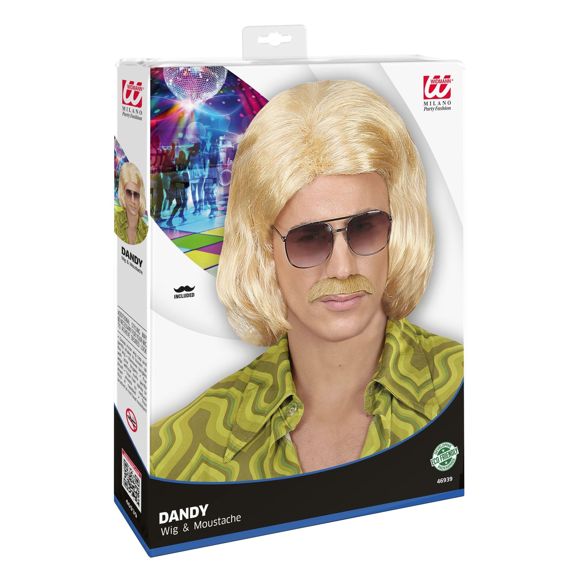 "BLONDE 70er JAHRE DANDY PERÜCKE MIT SCHNURRBART" in Box – Detailansicht