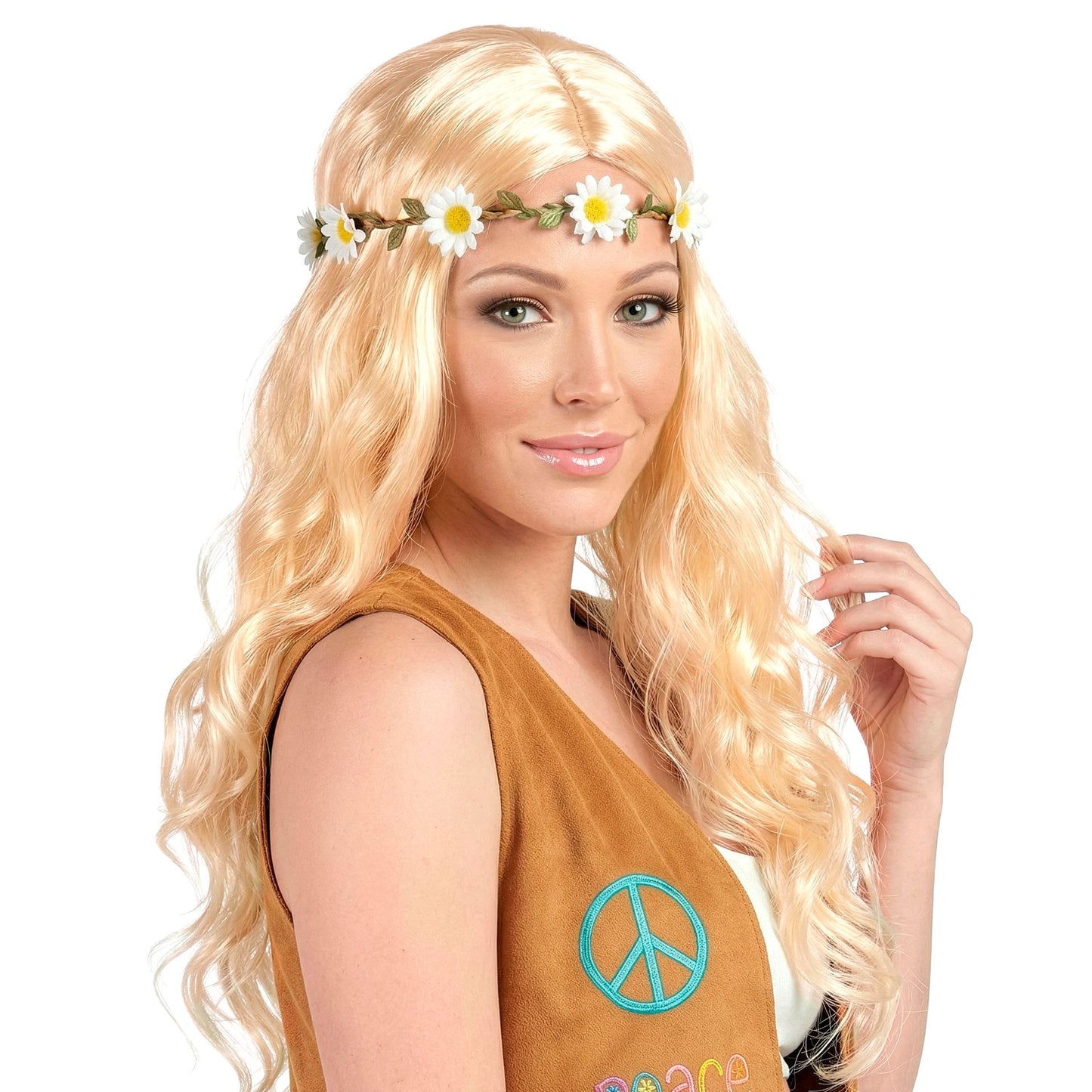 "Blonde "HIPPIE / MITTELALTER PERÜCKE MIT BLUMENSTIRNBAND" in Polybag – Vorderansicht