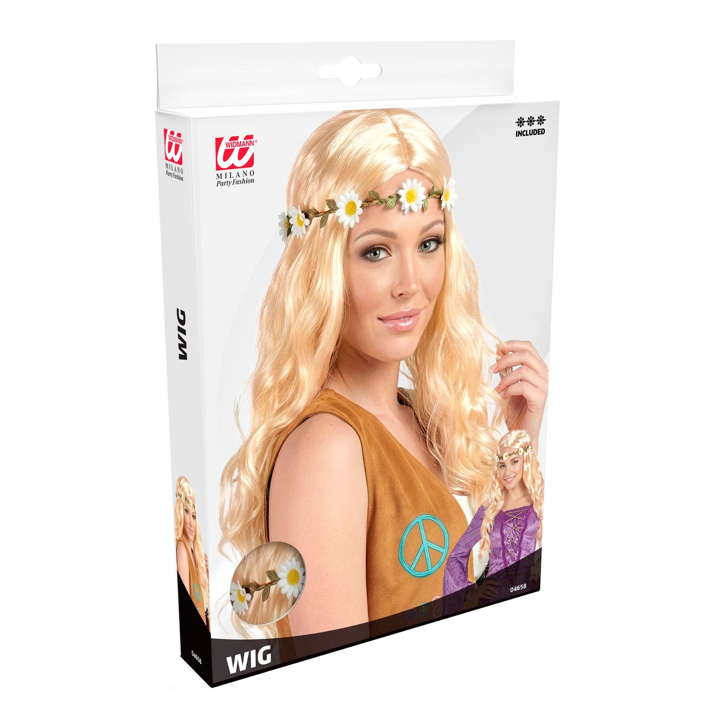 "Blonde "HIPPIE / MITTELALTER PERÜCKE MIT BLUMENSTIRNBAND" in Polybag – Detailansicht