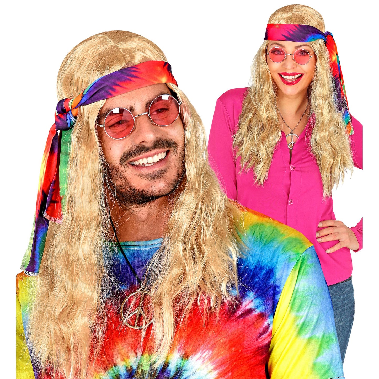 "BLONDE HIPPIEPERÜCKE MIT BATIK STIRNBAND" in Box – Vorderansicht