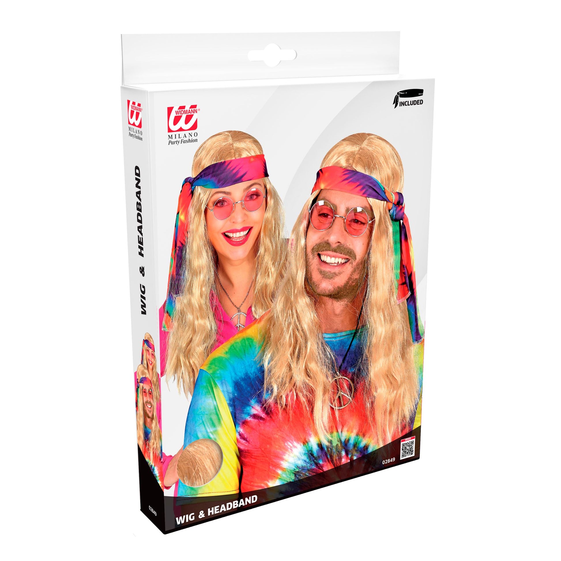 "BLONDE HIPPIEPERÜCKE MIT BATIK STIRNBAND" in Box – Detailansicht