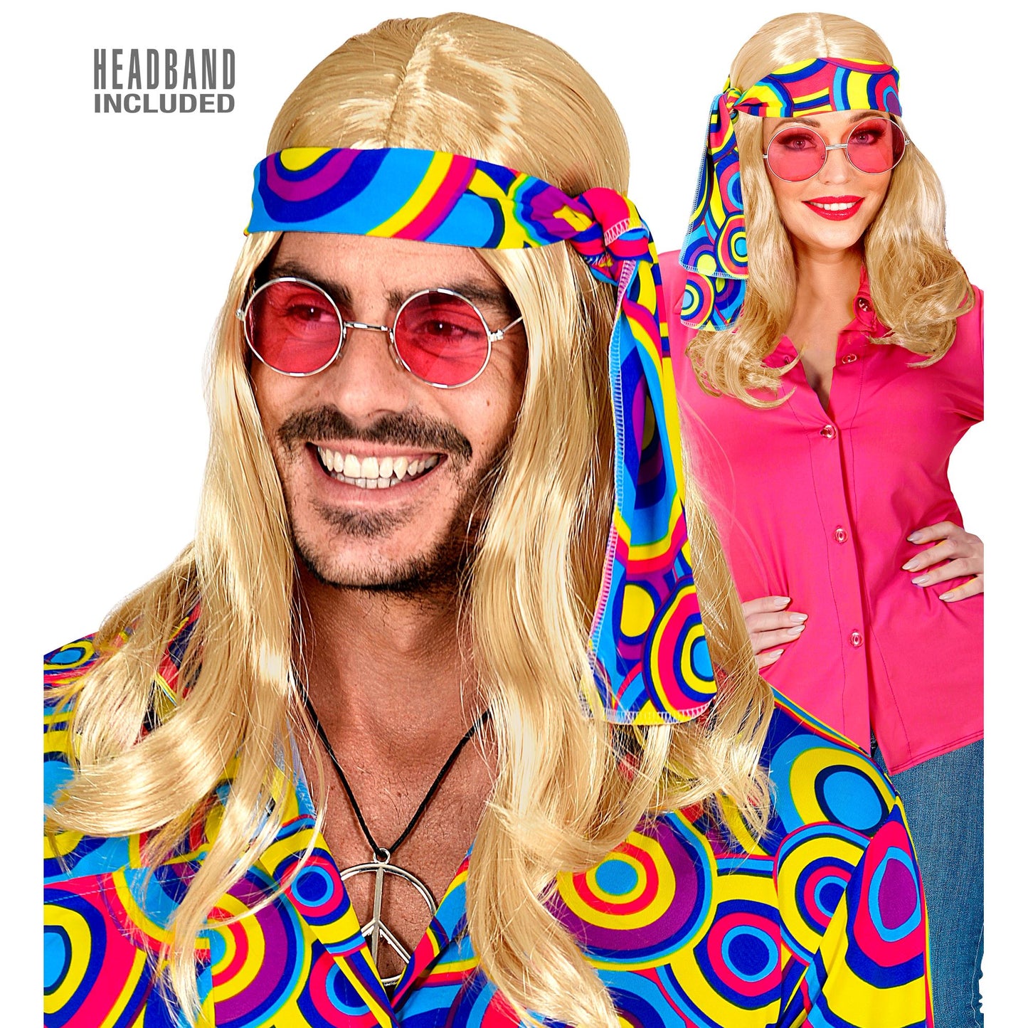 "BLONDE PERÜCKE 70ER JAHRE DISCO FEVER MIT STIRNBAND" in Box – Vorderansicht