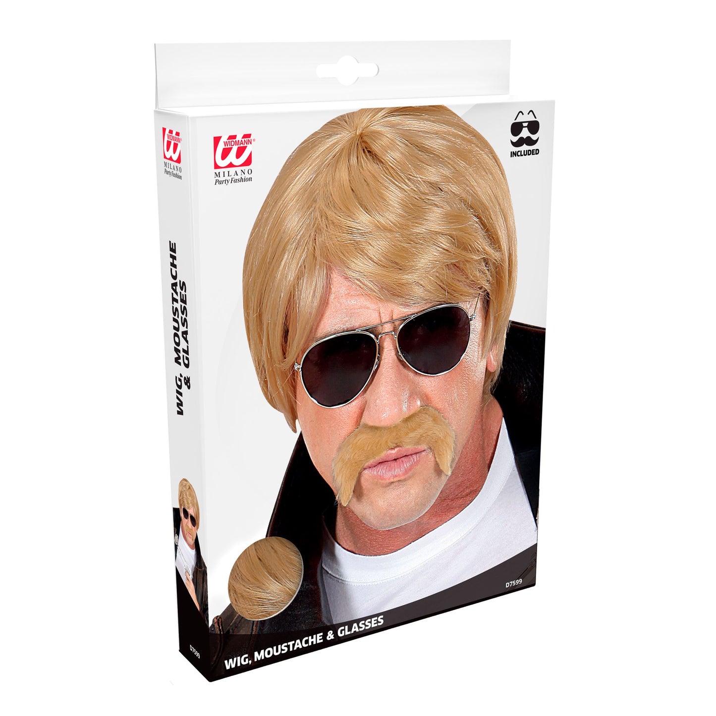 "BLONDE PERÜCKE GEHEIMAGENT MIT SCHNURBRART UND SONNENBRILLE" in Box – Detailansicht