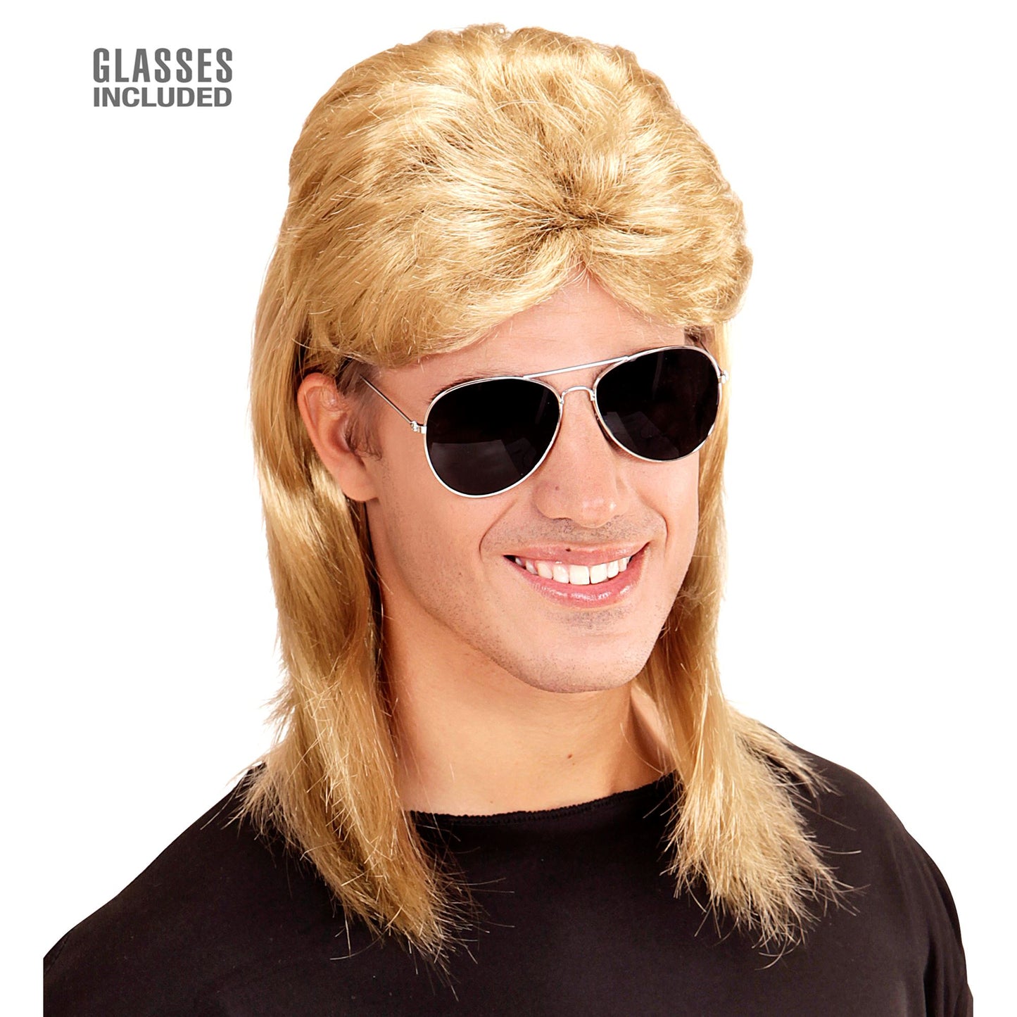 "BLONDE PERÜCKE VOKUHILA 80er JAHRE MIT BRILLE" in Polybag – Vorderansicht