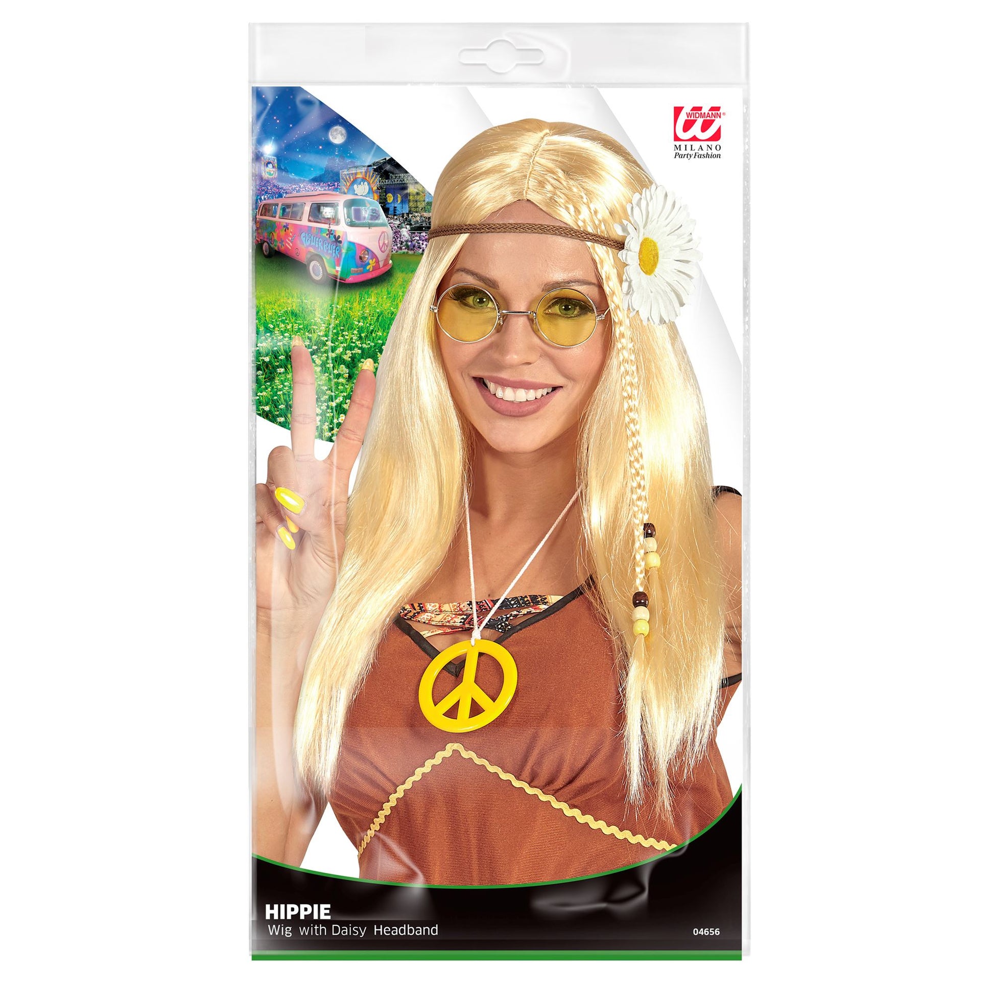 "BLONE HIPPIE PERÜCKE MIT BLUMENSTIRNBAND" in Polybag – Detailansicht