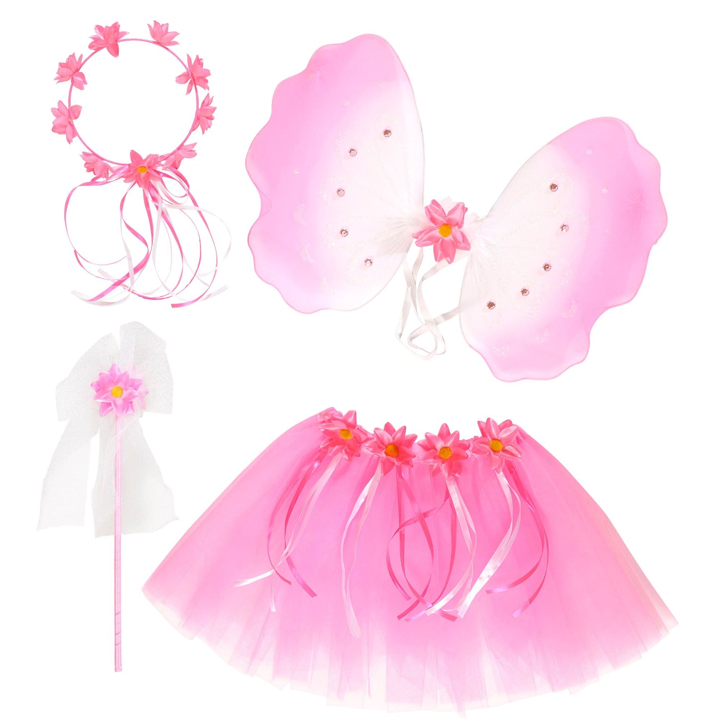 "BLUMENFEE" Dress- Up- Set (Tutu, Flügel, Kopfbedeckung, Feenstab) – Vorderansicht