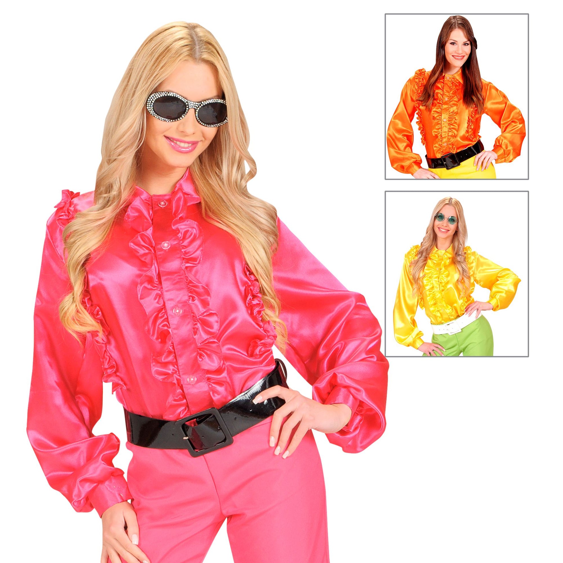 "BLUSE MIT RÜSCHEN" aus Satin - in 3 Farben sort.: rosa, orange, gelb – Vorderansicht