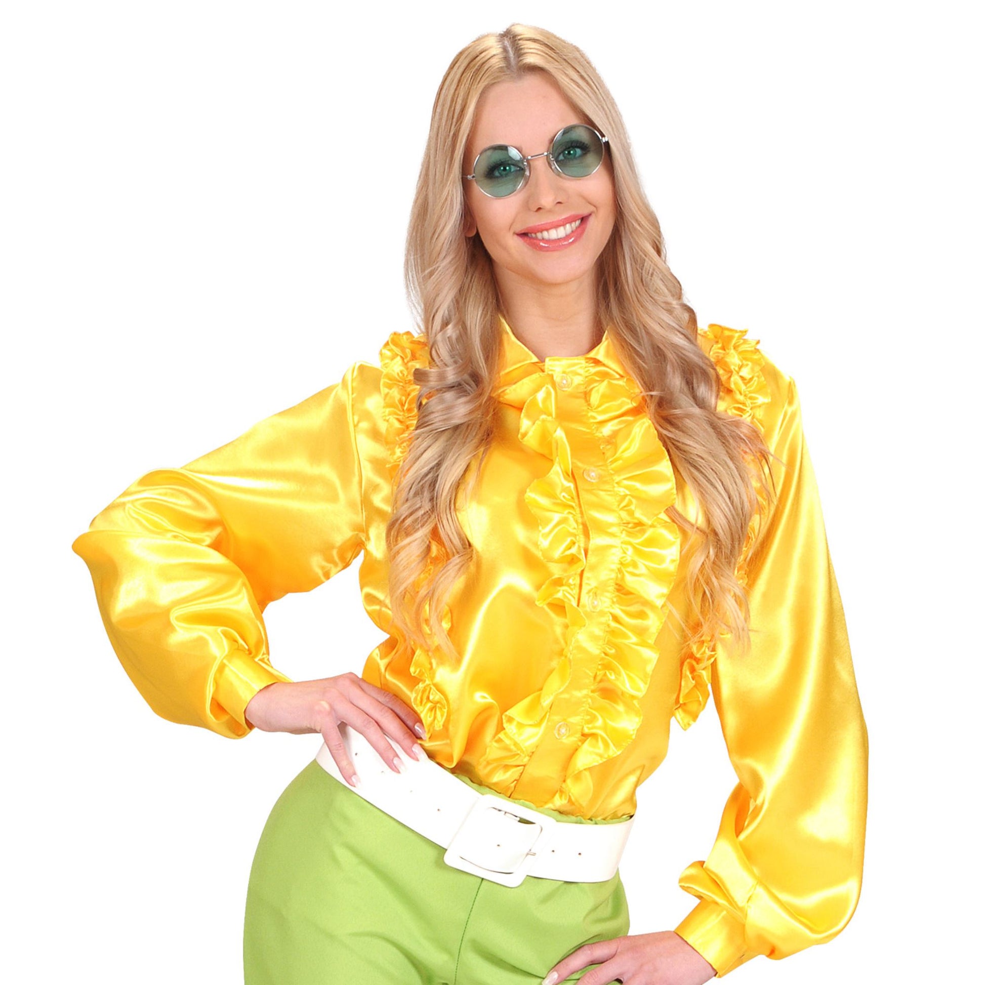 "BLUSE MIT RÜSCHEN" aus Satin - in 3 Farben sort.: rosa, orange, gelb – Detailansicht