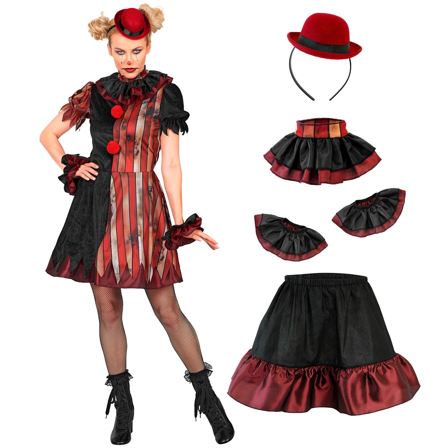 "BÖSER CLOWN" (Kleid, Petticoat, Kragen, Minihut) – Detailansicht
