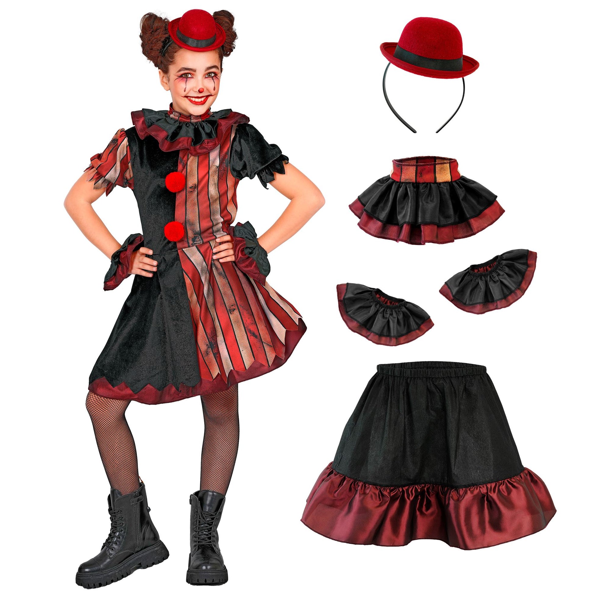 "BÖSER CLOWN" (Kleid, Petticoat, Kragen, Minihut) – Detailansicht