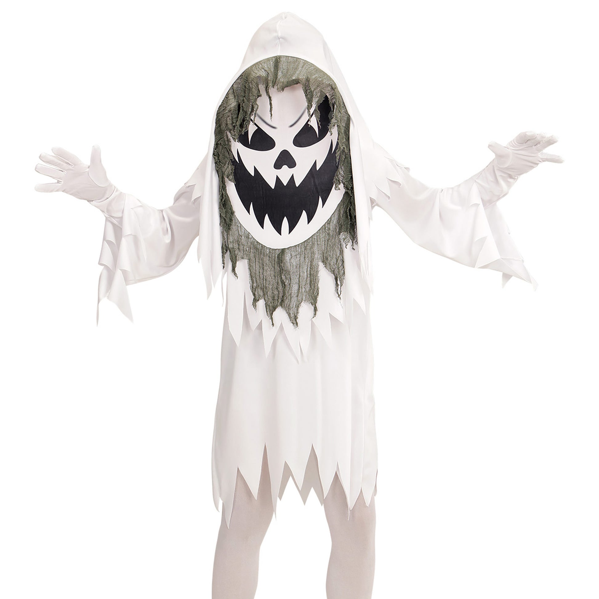 "BÖSER GEIST" (Robe, Riesenmaske mit Kapuze) – Vorderansicht
