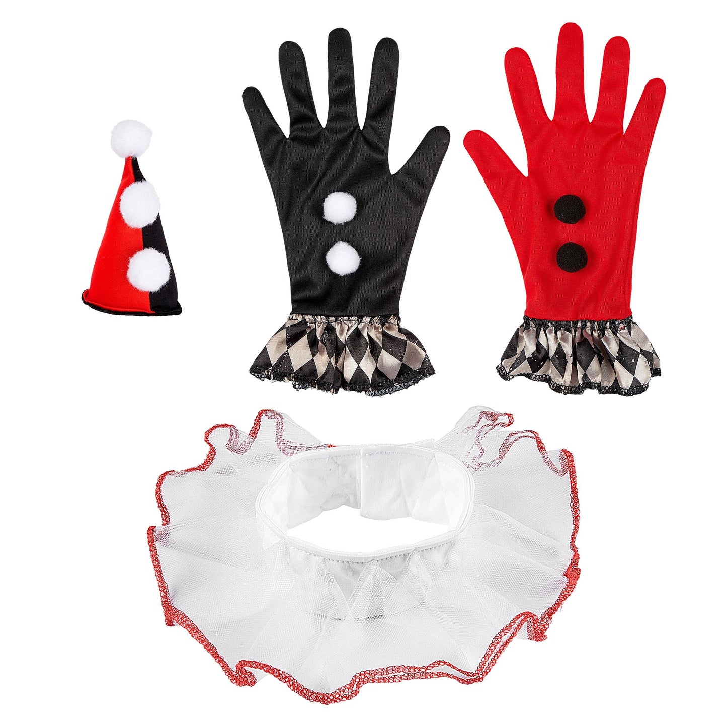 "BÖSER HARLEKIN" (Minihut, Kragen, Handschuhe) – Vorderansicht