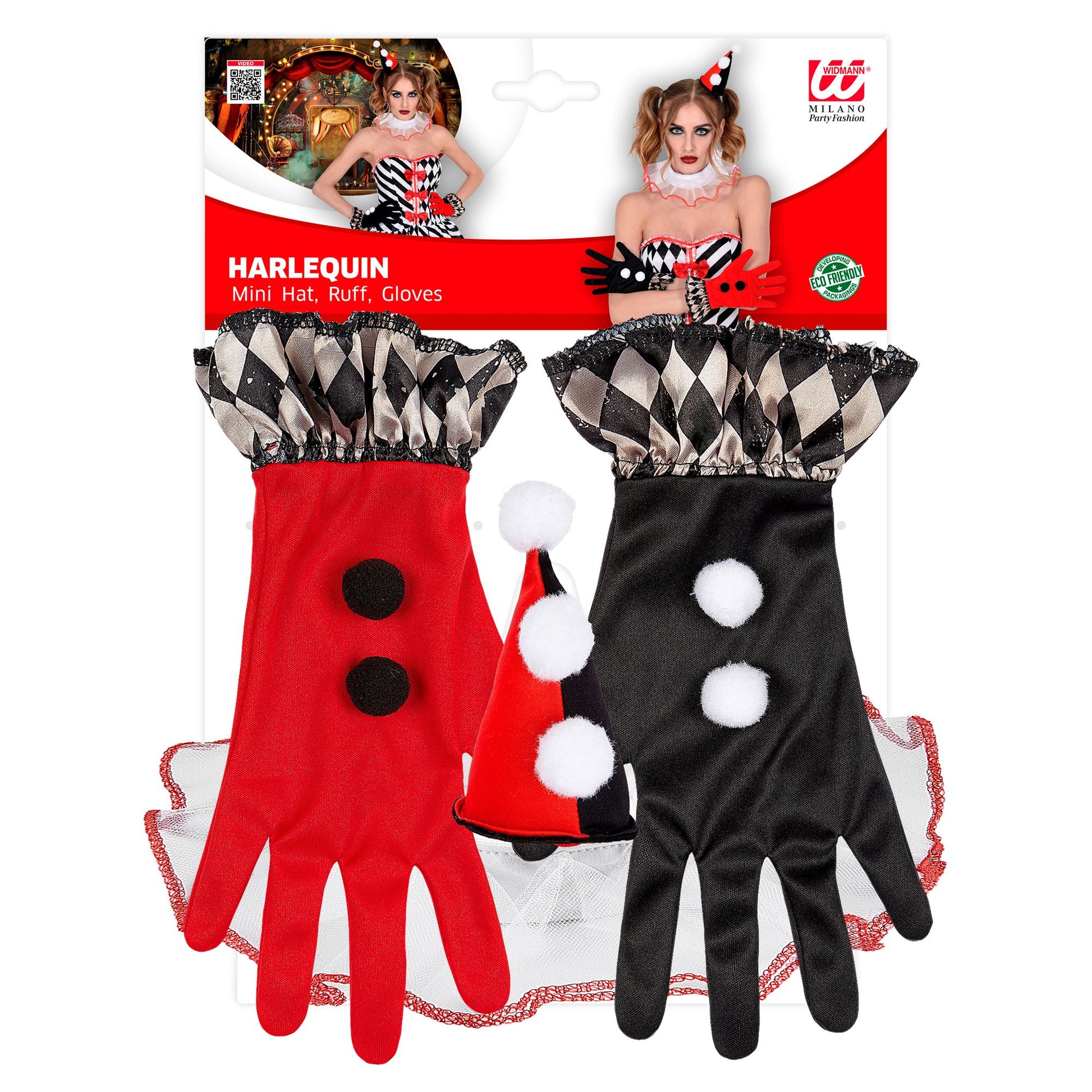 "BÖSER HARLEKIN" (Minihut, Kragen, Handschuhe) – Detailansicht